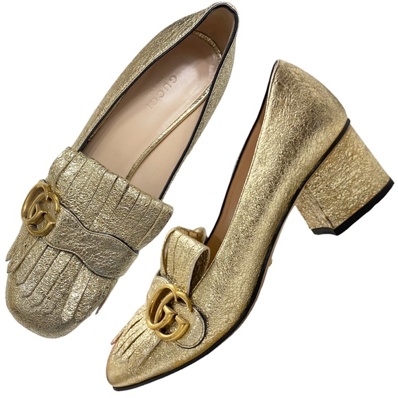 Gucci Marmont GG Logo Golden Fringe Block Mid Heel Kiltie Loafers Pumps - Picture 1 of 15